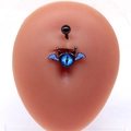 Close-up of blue devil eye navel ring with black bat wings on body model silicone - Blue Bat Wing (#2)