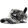 Camouflage baseball cap with black horn ears decoration in a 45-degree side view - Adjustable / Ox Horn Camouflage Grey