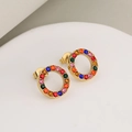 Minimalist gold stainless steel round earrings set with colorful sparkling rhinestones - Stud Earrings / Gold+Multicolored Stone