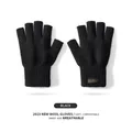 Mens winter black knitted wool gloves featuring a half-finger design and anti-slip grip - L / DZ152 Black (Wool Type)