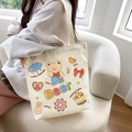 Japanese style cream canvas shoulder bag featuring colorful cute cartoon bear and cloud patterns - Bear Party