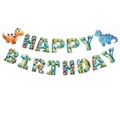 Colorful Happy Birthday dinosaur themed banner with cute cartoon patterns for party decor - Happy Birthday Banner