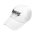 White hip-hop baseball cap with black gothic print shown from a 45-degree front angle - One Size / White (Artistic Print)