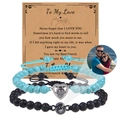 Custom photo projection bracelets set with blue and black beads on gift card - Sky Blue Turquoise & Black Lava Stone Set (Couple Bracelet-11)