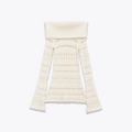 Eleganter schulterfreier Häkelstrickpullover in Cremeweiß mit feinen Lochmustern - S / Milchweiß