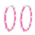 Chic silver hoop earrings with vibrant pink enamel finish and sparkling zircon stones - Silver Rose Red