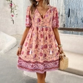 Rosa Bohemian-Kleid mit Blumenmuster, V-Ausschnitt und Quastenkordel für den Sommer - S / Rosa
