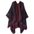 Double-sided navy and dark red knit poncho with geometric fret and plaid patterns - Meander Pattern Navy Blue