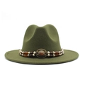 Detail of dark green wool fedora with ethnic beaded band and bronze retro gemstone emblem - Army Green