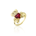 Dettaglio anello orsetto dorato con gemma a cuore rosso e pavé di zirconi bianchi - Aperto Regolabile / Stile Cuore Rosso Dorato (11448)
