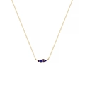 Detail of gold chain necklace featuring a cluster of five faceted blue gemstones - September / Sapphire