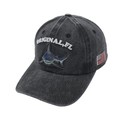 Vintage gewaschene schwarze Baseballkappe mit Haifisch-Stickerei und USA-Flaggen-Aufnäher - Schwarz und Grau