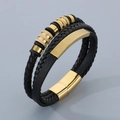 Multi-layer black leather bracelet for men with gold steel beads and magnetic clasp - Style B-Gold Color Beads (KB179979-YA)