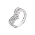Detailed view of silver twist V-shaped ring featuring elegant pearl and crystal inlay - VJ604 Double V Zirconia / White Gold