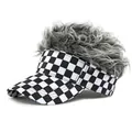 Funny checkerboard baseball cap with grey curly wig hair extension on top - Adjustable / Gray