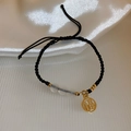 Handmade black cord bracelet with gold Fu pendant and white chalcedony beads - 47# Bracelet - Black Round Pendant