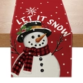 Festive Christmas table runner featuring snowmen and cardinal birds on a rustic wood background - Snowman and Cardinal Bird Pattern