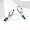 Silver drop earrings featuring emerald green rectangular zircon stone in a sleek design - Silver + Green Zircon