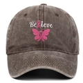 Detail of embroidered Believe text and pink ribbon butterfly on brown denim baseball cap - Adjustable / Coffee