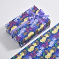 Navy blue Happy Birthday wrapping paper with colorful lettering and gift box illustrations - Blue Letters
