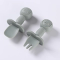 Grey silicone baby feeding set with panda wood handle spoons and anti-choke guard - All-Silicone Short Spoon + Short Fork / Olive Green
