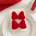 Pair of red velvet bow hair clips with white fur balls on elegant white paper card - Style 13: Pair of Classic Red Bows