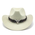 Macro detail of western cowboy hat with ethnic woven band and silver bull skull ornament - M (56-59cm) / Mint Green Faux Suede