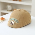 Detail of khaki cotton baby beret featuring embroidered letters and 3D bear patch - 50cm (1-3 Years) / Khaki