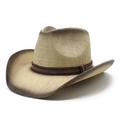 Ethnic straw western cowboy hat with vintage gradient brim and colorful woven band - M (56-58cm) / Beige Brown Gradient