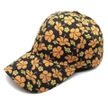 Close-up of floral baseball cap with tropical hibiscus print on black cotton twill - M (56-58cm) / Orange