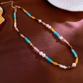 Bohemian multicolored beaded necklace with pearls, tiger eye stones and gold accents - Colorful Geometric Necklace(18#)