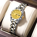 Montre élégante argent et or pour femme avec accents diamantés et double calendrier - Bracelet Or Cadran Or (Norme UE + Boucle Papillon)