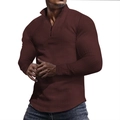Detail showing the brown waffle knit fabric and half-zip collar of the men's pullover - Burgundy