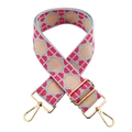 Detail of colorful geometric jacquard wide bag strap with gold metal hooks and buckle - Light Blue Rose Pink