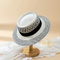 Elegant two-tone woven straw boater sun hat for women featuring a stylish black ribbon - M(56-58cm) / Black & White