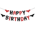 Red and black glitter Happy Birthday banner with bat decorations for Halloween party - HAPPY BIRTHDAY Banner (L-00322-1) / Red & Black Glitter