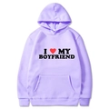 Light purple hoodie featuring a centered I Love My Boyfriend slogan print and kangaroo pocket - S / Tops / Lavender