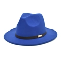 Detail of blue wool fedora hat showing black leather band and gold metal buckle - Sapphire Blue