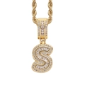 Macro detail of iced-out letter S pendant with clear square zircons on gold rope chain - Letter S Gold + 60cm Rope Chain