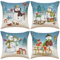 Set of four Christmas snowman pillow covers with watercolor reindeer and festive motifs - Watercolor Snowman Illustration Set (YMX28) / Set of 4