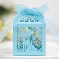 Sky blue laser-cut wedding favor box with Mr & Mrs design and sheer organza ribbon - Teal Blue