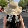 Beige straw sun hat with large wavy brim and white lace bow, elegant summer beach style - Beige Wavy (D-423)