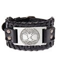 Herren Punk Lederarmband geflochten mit silbernem Lebensbaum-Totem aus Metall - Lebensbaum / PU Schwarzes Leder + Antikes Silber