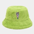 Neon green plush bucket hat featuring creative cartoon embroidery in a centered product shot - M(56-58cm) / Green (Milkshake Embroidery)