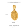 Religious Virgin Mary 316L stainless steel oval pendant in gold finish, 29mm height - Embossed Virgin Mary Oval Pendant