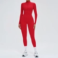 Red long sleeve zip-up yoga jumpsuit in high-stretch fabric with slim fit design - Red