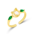 Gold tulip ring with teardrop gemstone and green leaf accents in an adjustable design - Ring-White