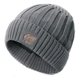 Dark grey knitted beanie for men with vertical ribbing and brown leather patch detail - Single Hat / Gray