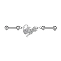 Macro detail of industrial barbell featuring silver cat butterfly with sparkling crystals - Silver Winged Cat Rhinestone Style (ZN231218012)