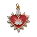 Close-up of heart-shaped evil eye pendant with red enamel and sparkling zircons - Red Stone Heart Eye
